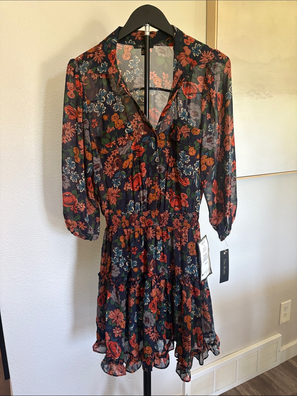 City Studio Navy Black Floral Smocked Waist Mini Dress